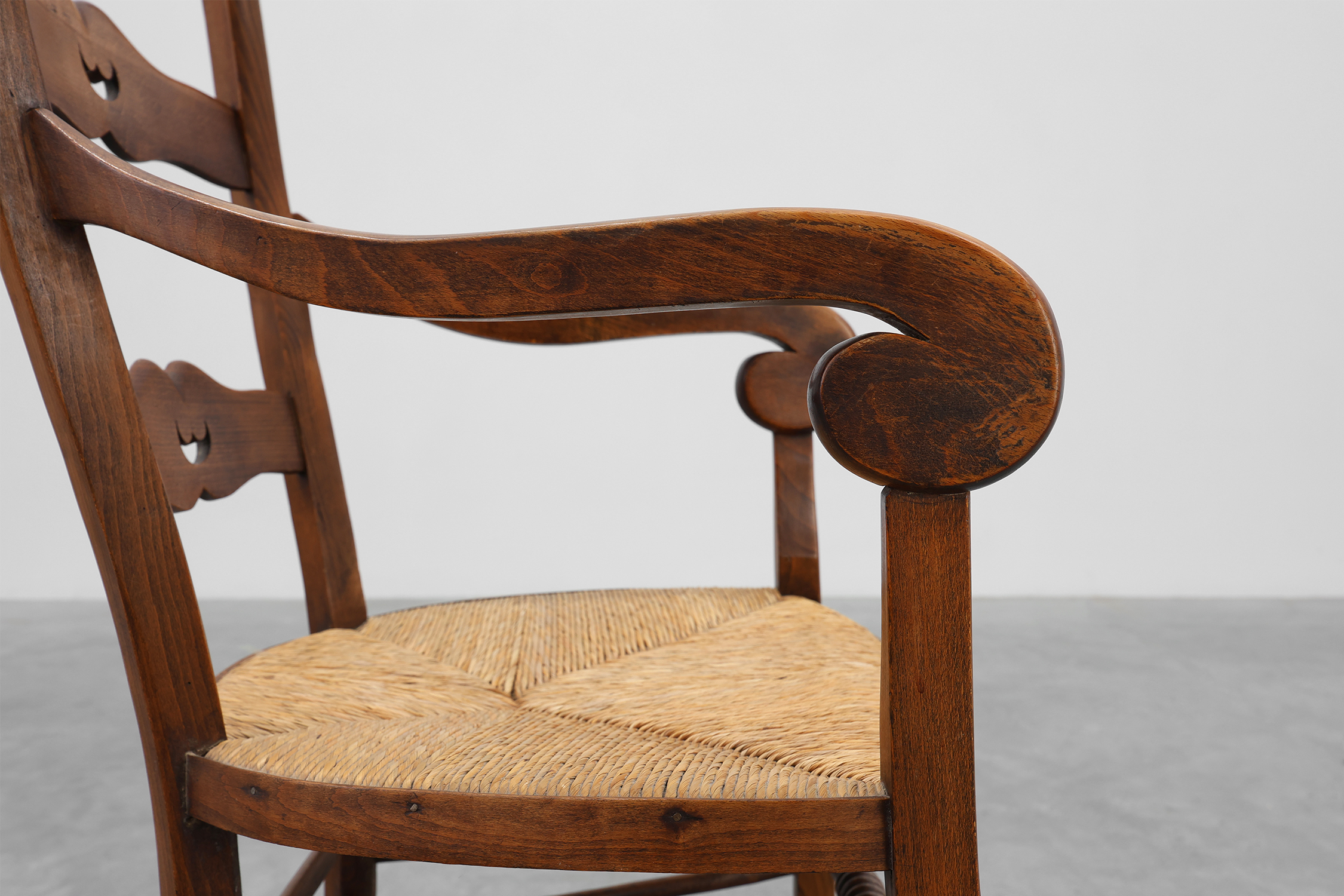 French Provincial Ladder‑Back Armchair with Woven Rush Seat, 19th centurythumbnail